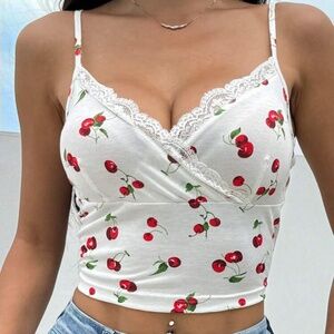 CHERRY PRINT LACE TRIM WOMEN'S TOP